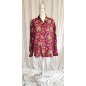 Lauren Ralph Lauren 100% Silk Womens 2XL Pink Green Paisley Button Up Shirt Art